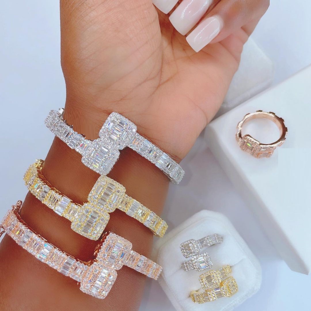 Iced Out Bling Women Bangle Ring Jewelry Set 5a Cubic Zirconia Geometric Square Cz Cluster Design Geometric Fashion Jewelry 