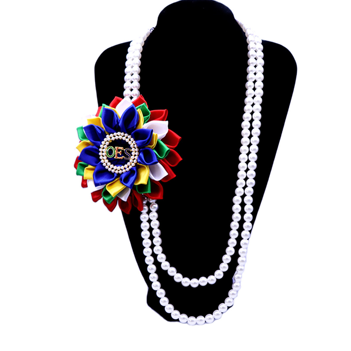 Women Service Organization Crafts Flower Pearl Jewelry Colorful Satin Petals And Enameled Letter Oes Sorority Necklace 