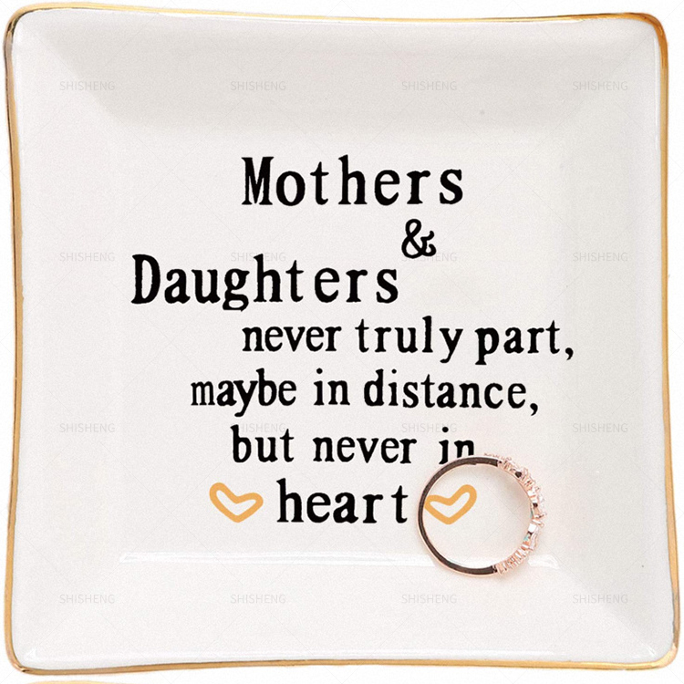 Shi Sheng Factory Direct Trinket Dish Square Ceramic Ring Dish With Golden Trim Jewelry Dish Gifts For Mother's Day 