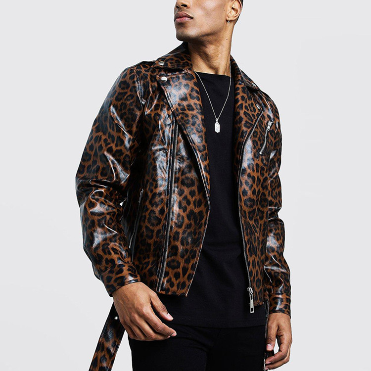2021 New Men's Fashion Leopard Print Artificial Leather Motorcycle Jacket Men's Casual Leopard Print Pu Jacket 