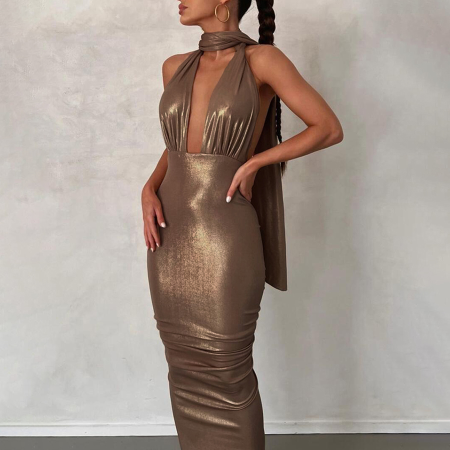 Kliou K22d25430 Fashion V Neck Sleeveless Women Elegant Casual Dresses Hollow Out Stretch Backless Maxi Dress Ladies