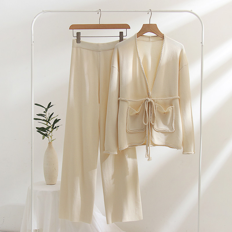 Ns Fashion Women's Clothing Casual Woven Belt Solid Color Coat Wool Knitted Sweater Suit