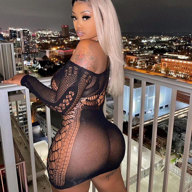 Summer Fashion Sexy Mesh See Through Mini Short Dress Long Sleeves Bodycon Party Dresses For Women