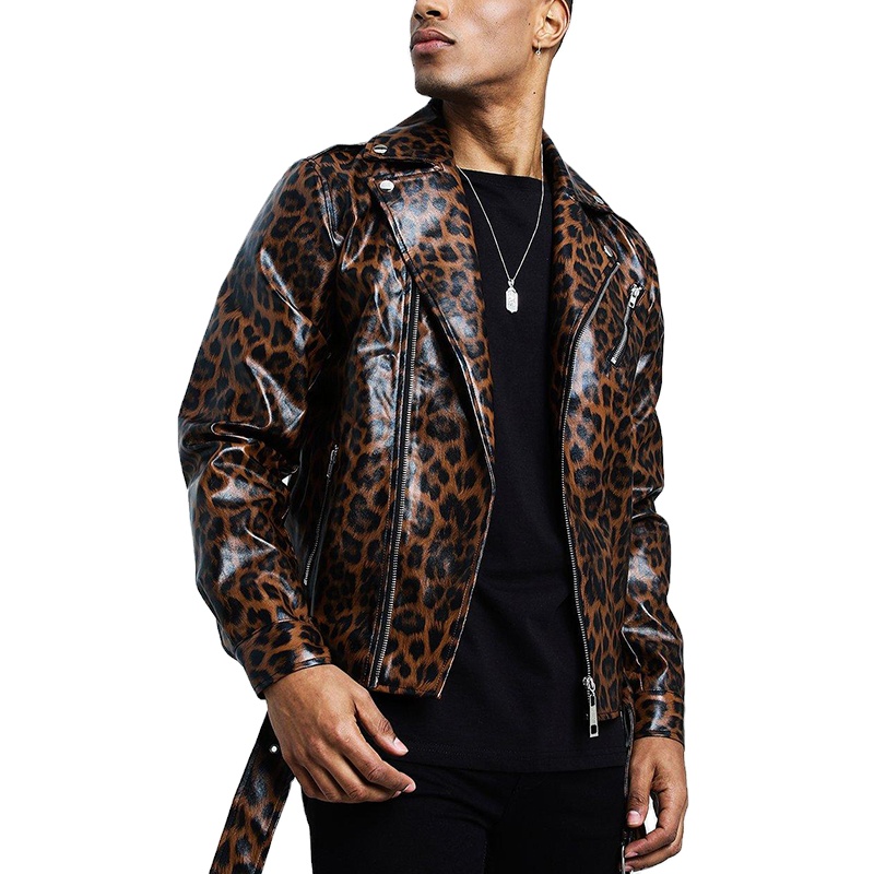 2021 New Men's Fashion Leopard Print Artificial Leather Motorcycle Jacket Men's Casual Leopard Print Pu Jacket 