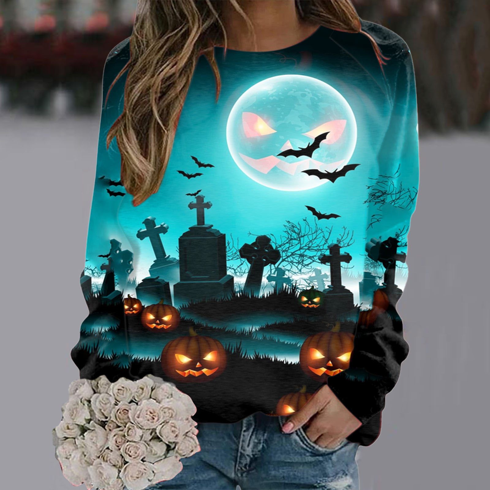 Halloween T Shirt Women Fashion T-shirt Long Sleeve Tops Tees Halloween Tshirt Women's Clothing Horror Tshirt Pumpkin