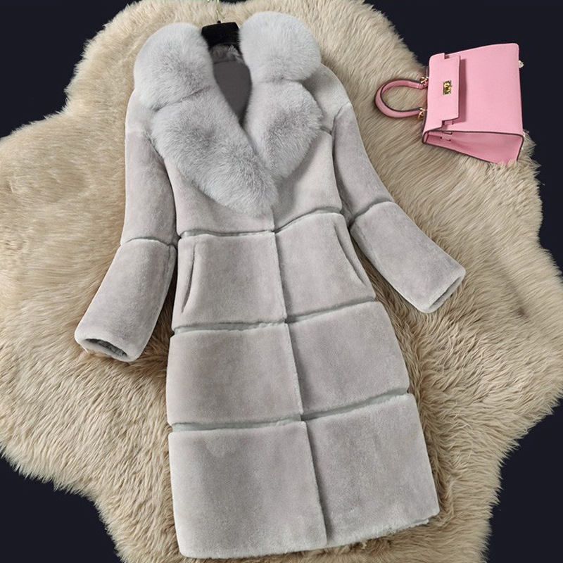 Womens Fur Coats Winter Fashion Gray Women Fur Jacket Thick Warm Outerwear Faux Fox Fur Casual Cotton Lining Snow Boots Knitted