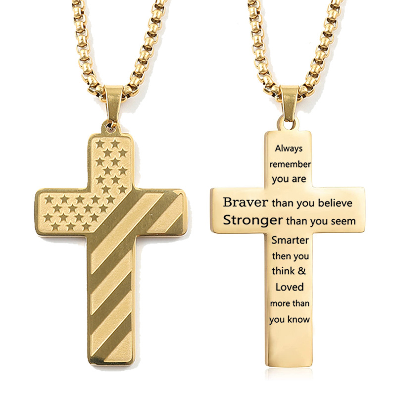 Fashion Jewelry Cross Necklace Bible Verse Stainless Steel American Flag Pendant Chain For Boys Men 