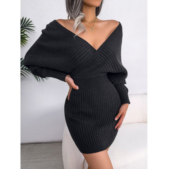 Women's Clothing Autumn Winter Knit Dress Pullover V Neck Fashion Slim Solid Casual Sweater Women Dresses