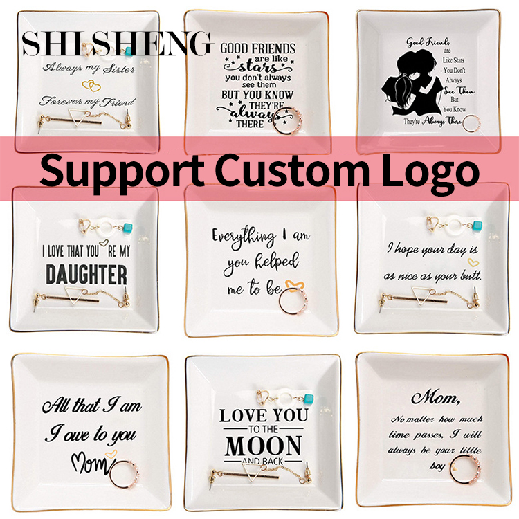 Shi Sheng Factory Direct Trinket Dish Square Ceramic Ring Dish With Golden Trim Jewelry Dish Gifts For Mother's Day 