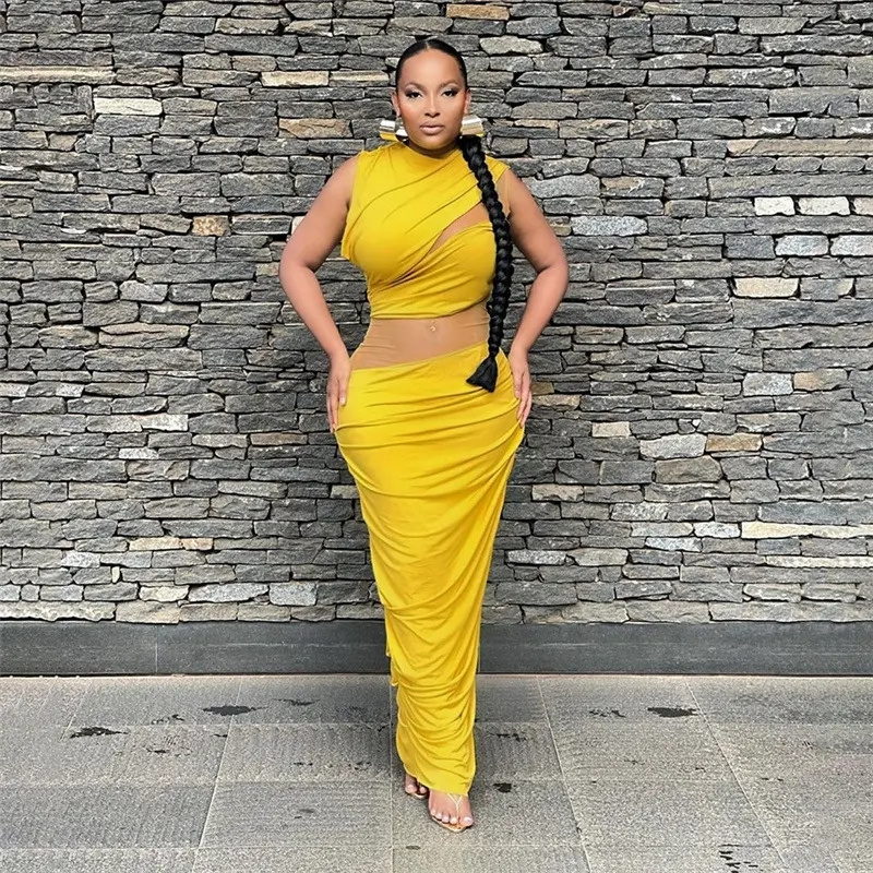 2023 Summer Women's Clothing New Fashion Mesh Stitching Sexy Hot Girl Pleated Slim Dress