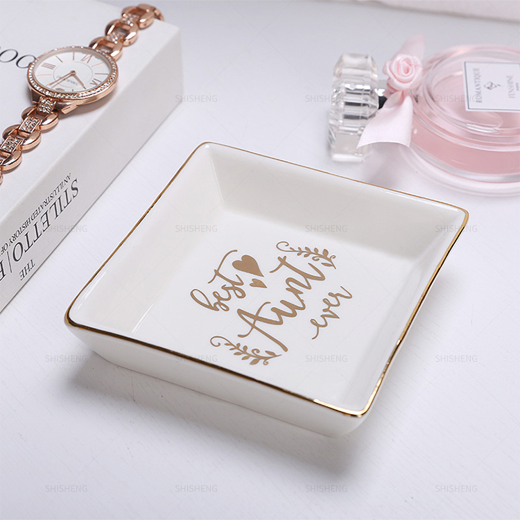 Shi Sheng Factory Direct Trinket Dish Square Ceramic Ring Dish With Golden Trim Jewelry Dish Gifts For Mother's Day 