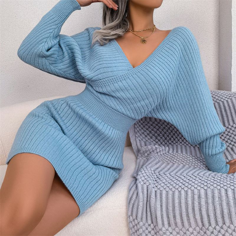 Women's Clothing Autumn Winter Knit Dress Pullover V Neck Fashion Slim Solid Casual Sweater Women Dresses