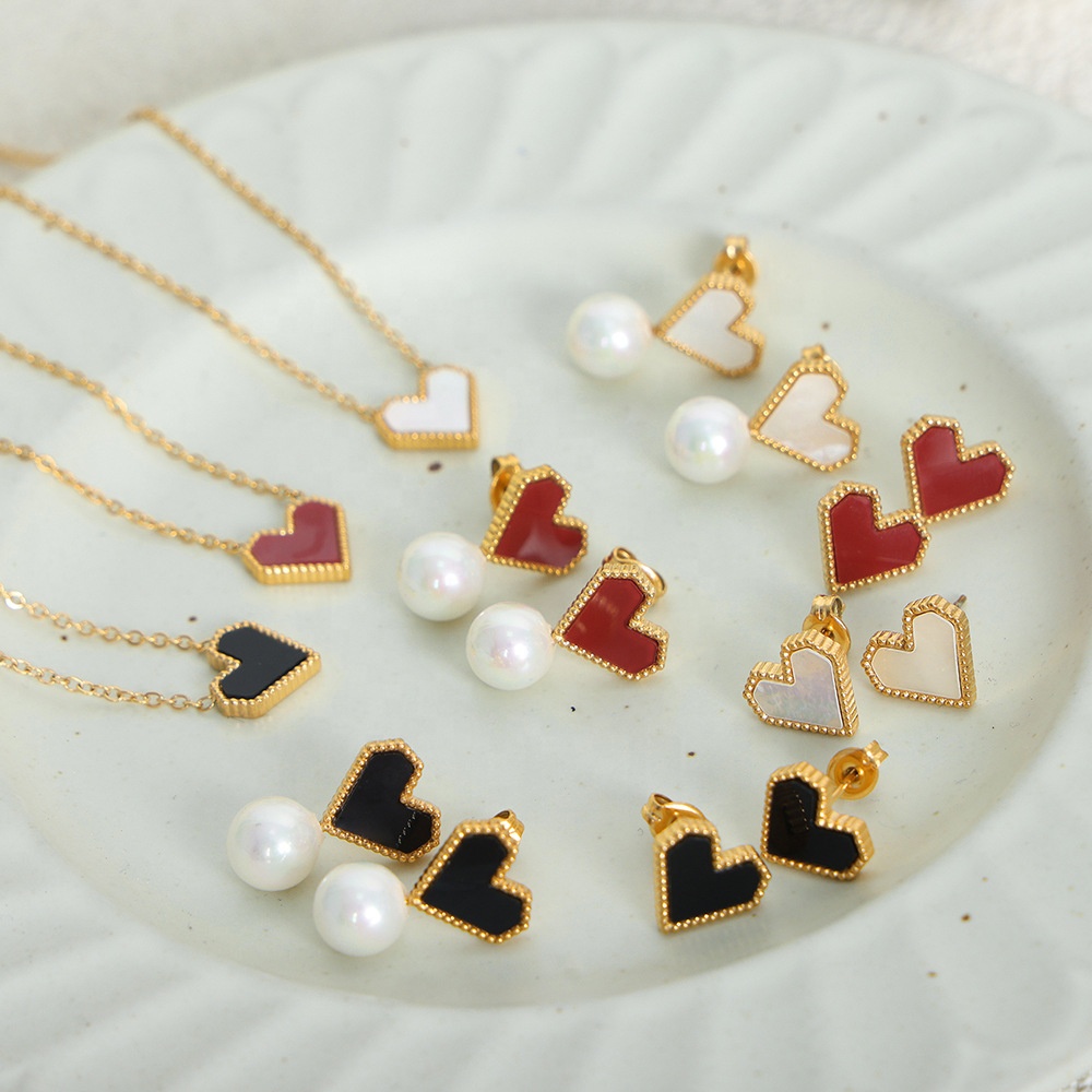 Hot Sale Gold Plated Stainless Steel Colorful Glass Heart Pendant Necklace Bracelet Earring Set Pearl Jewelry Set For Women 