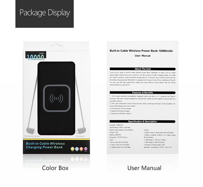 10000mah Power Bank External Battery Portable Charger Pack With Built-in Type C And Micro Usb Cable For Iphone For Samsung 