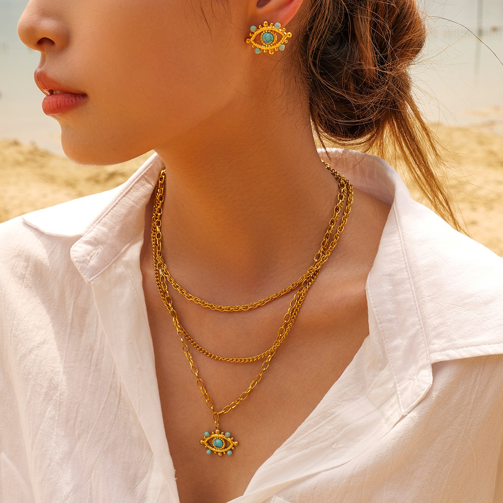 Fashion Jewelry Necklace Bracelets 2023 Stainless Steel Multi Layers Necklace 18k Gold Evil Eyes Jewelry Set 