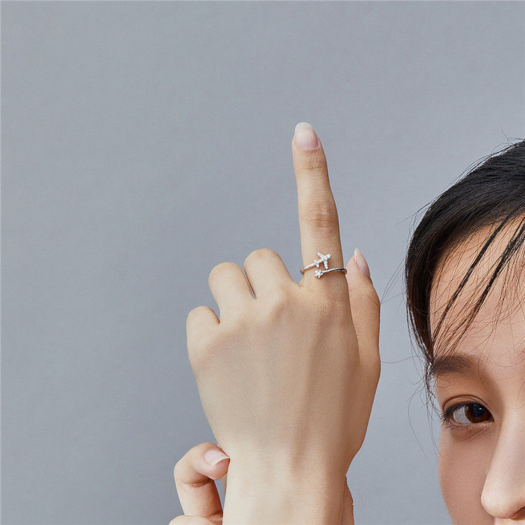 Fashion Jewelry Rings 925 Sterling Silver Rings Adjustable Open Rings Airplane Plane With Cubic Zircons 