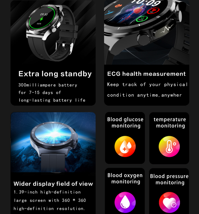 T30 Blood Glucose Monitor Health Tracker Smartwatch Montre Intelligente Reloj Ecg Blood Sugar Smart Watch For Iphone And Android 
