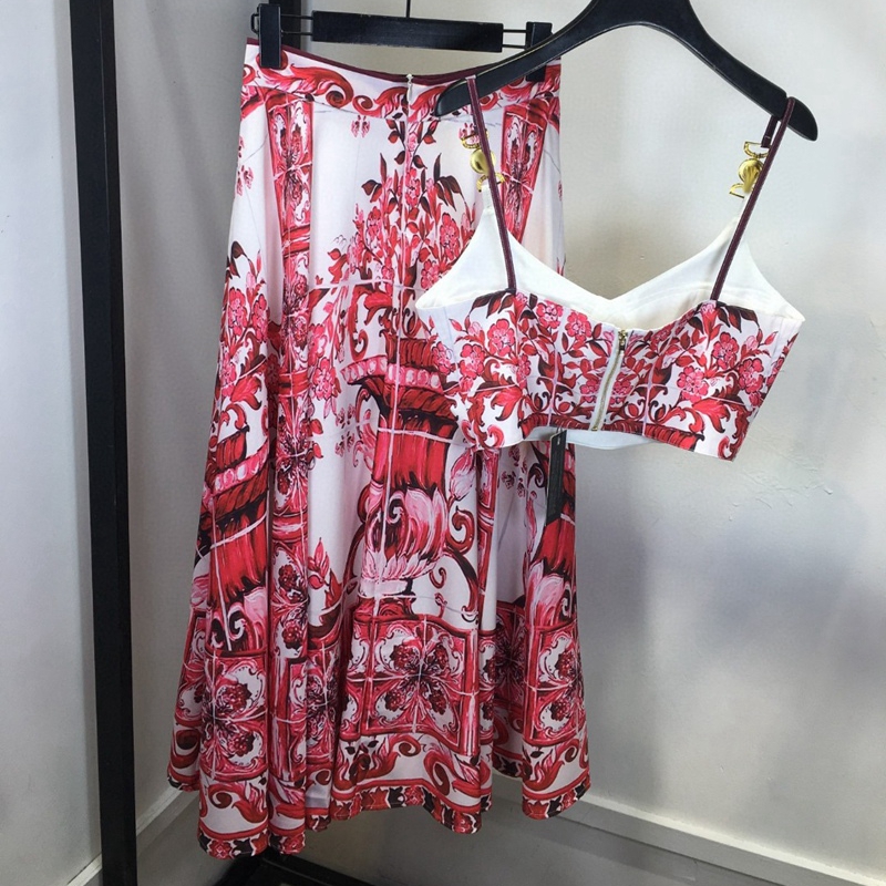 American Women's Summer New Blue And White Pottery Printed Suspender Top Two-piece Skirt Casual Large Sexy Suit