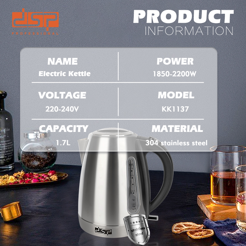 Dsp Kitchen Electric Appliances Stainless Steel 1.7l Cordless Water Kettle Home Hotel Overheating Protection Electric Kettle 
