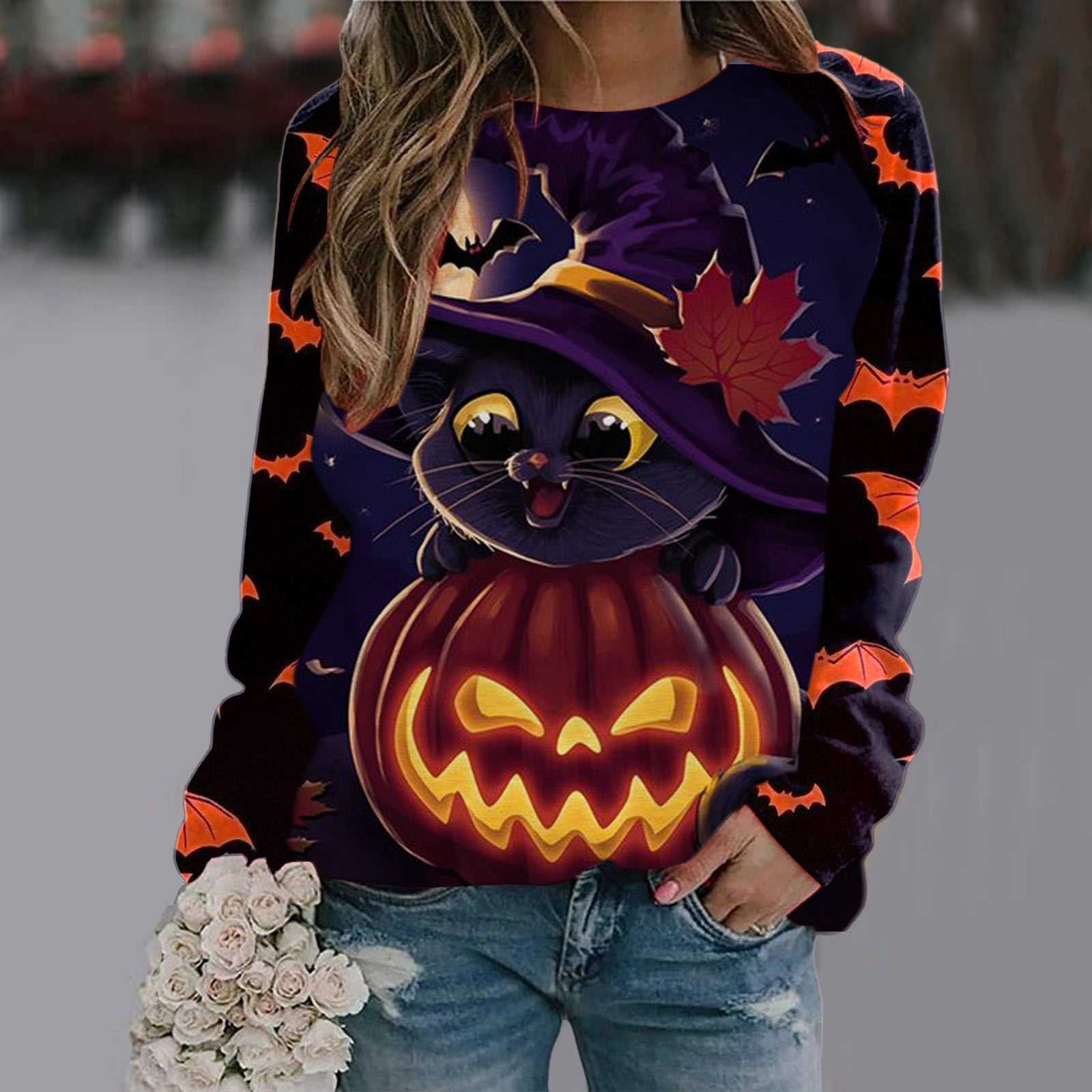 Halloween T Shirt Women Fashion T-shirt Long Sleeve Tops Tees Halloween Tshirt Women's Clothing Horror Tshirt Pumpkin