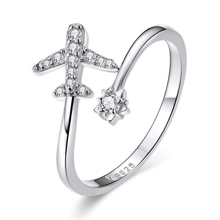 Fashion Jewelry Rings 925 Sterling Silver Rings Adjustable Open Rings Airplane Plane With Cubic Zircons 