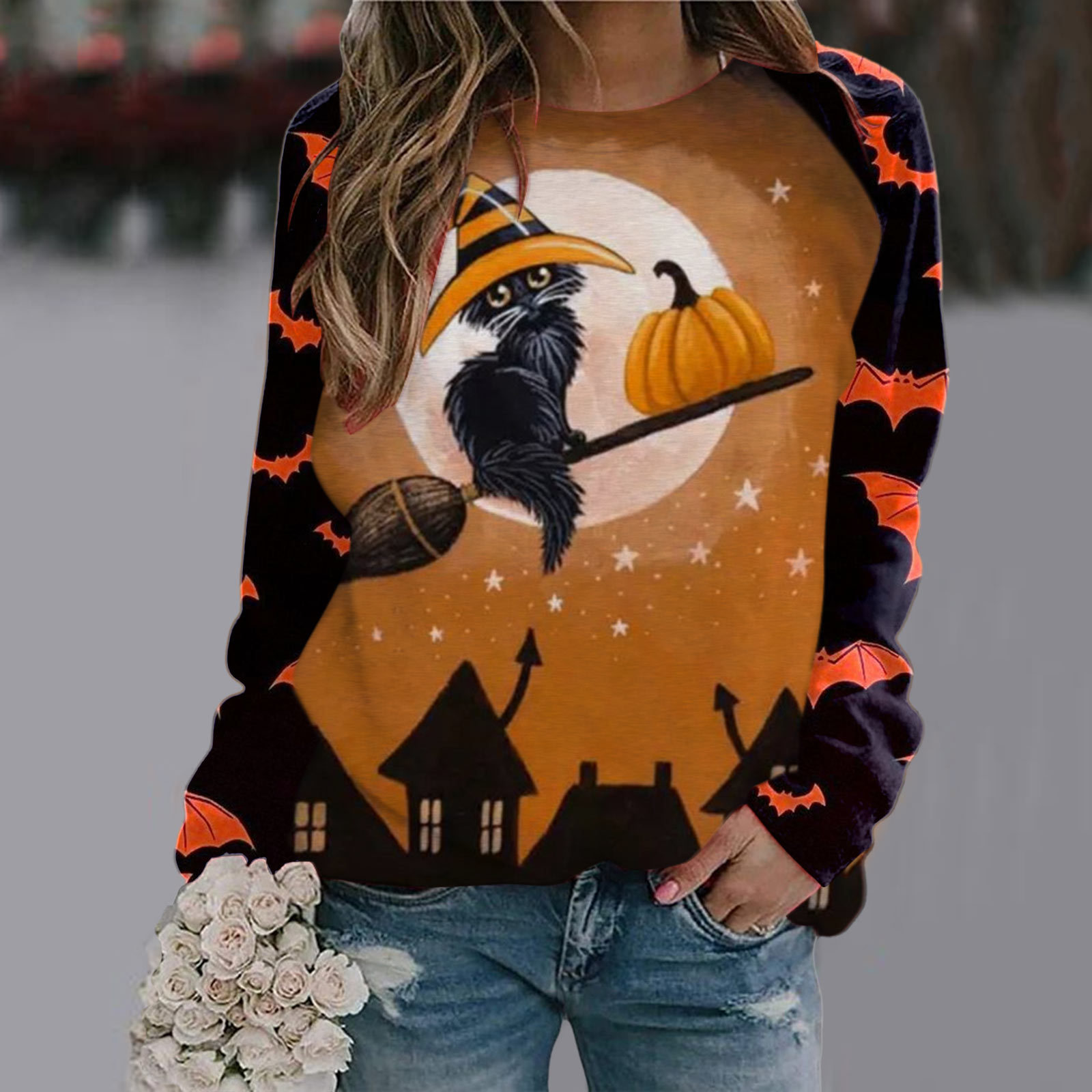 Halloween T Shirt Women Fashion T-shirt Long Sleeve Tops Tees Halloween Tshirt Women's Clothing Horror Tshirt Pumpkin