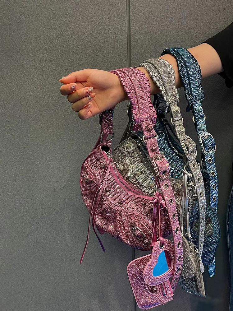 New Design Autumn &amp; Winter Dazzlingly Personality Versatile Female Punk Style Single Diamond Handbag Rhinesestone Shoulder Bag 