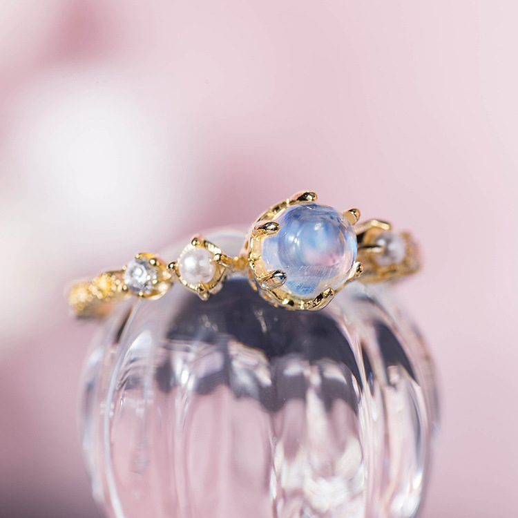 Aimgal Fine Jewelry New S925 Sterling Silver Plated 18k Gold Moonstone Vintage Ring With Pearl 4a Zirconia Women Gift 
