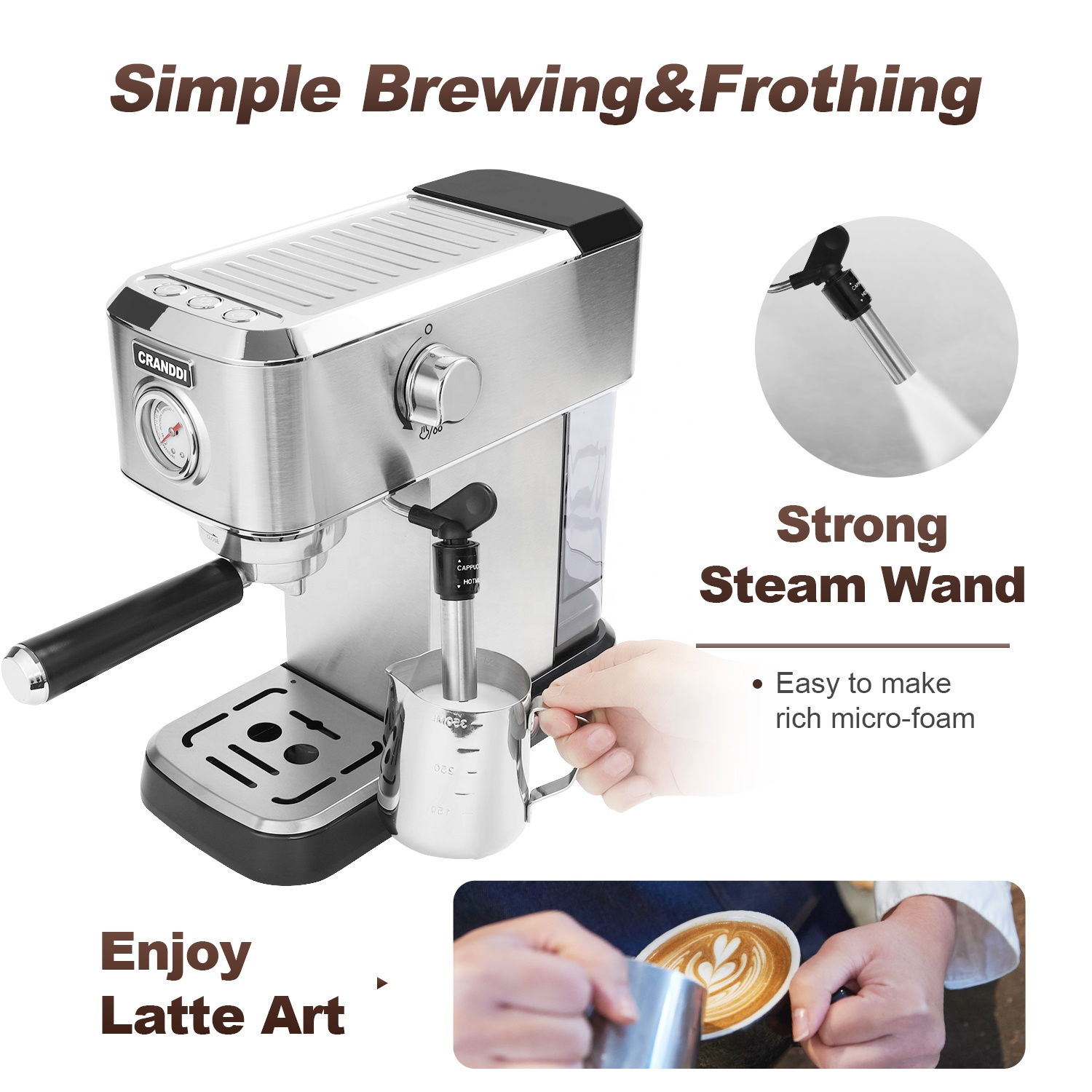 Cranddi Coffee Machine Espresso With Pressure Meter Home Business Stainless Steel Machine 