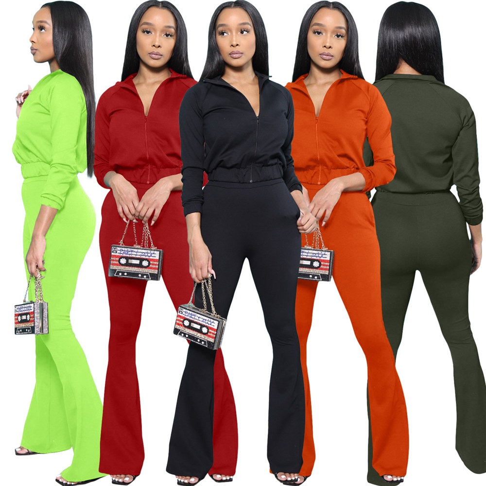 Md-2023 New083004 Wholesale Flare Pants Women's Trousers Two Piece Set Tracksuits Ladies Plain Lounge Wear Fall Clothes Stand