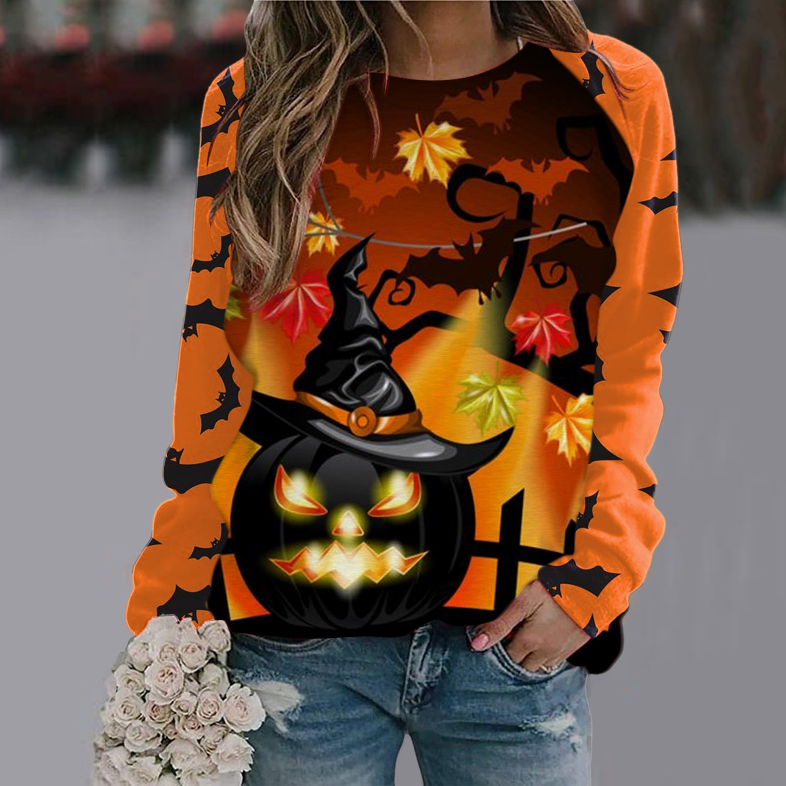 Halloween T Shirt Women Fashion T-shirt Long Sleeve Tops Tees Halloween Tshirt Women's Clothing Horror Tshirt Pumpkin
