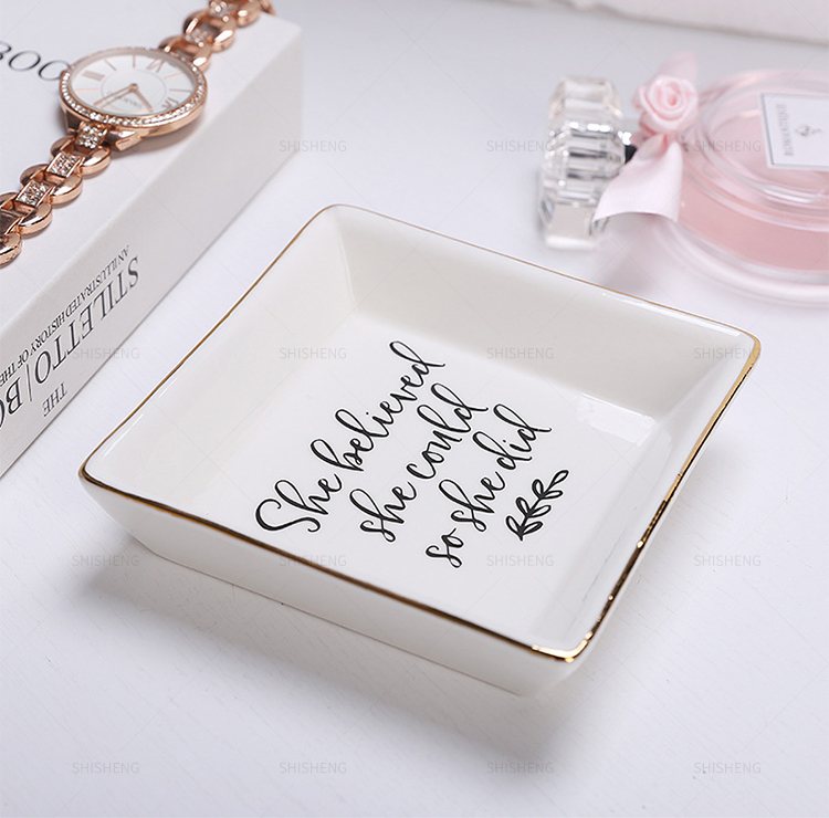 Shi Sheng Factory Direct Trinket Dish Square Ceramic Ring Dish With Golden Trim Jewelry Dish Gifts For Mother's Day 