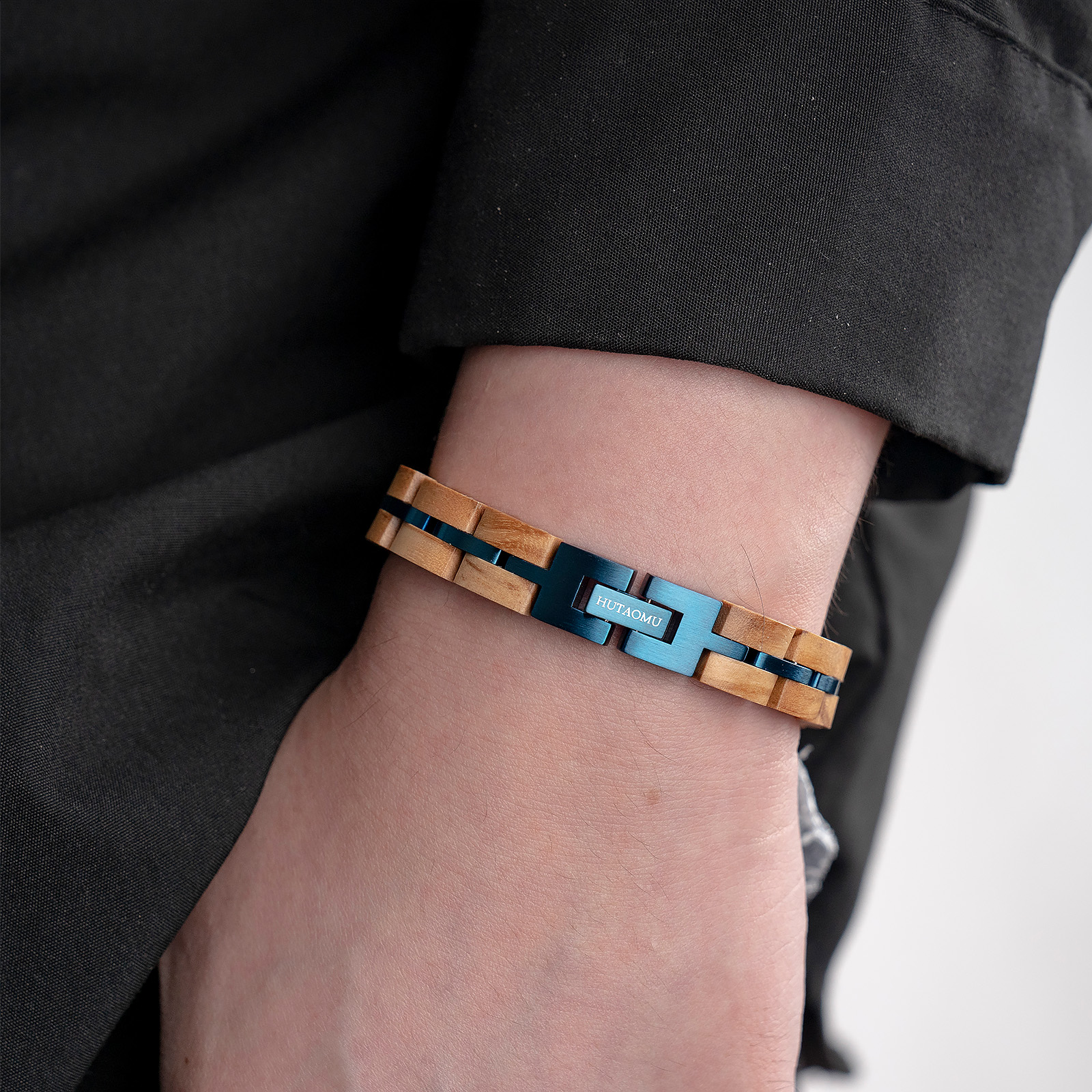 Dropshipping Jewelry Adjustable Wood Bracelet Black Blue Plated Stainless Steel Custom Bracelet For Men And Women 