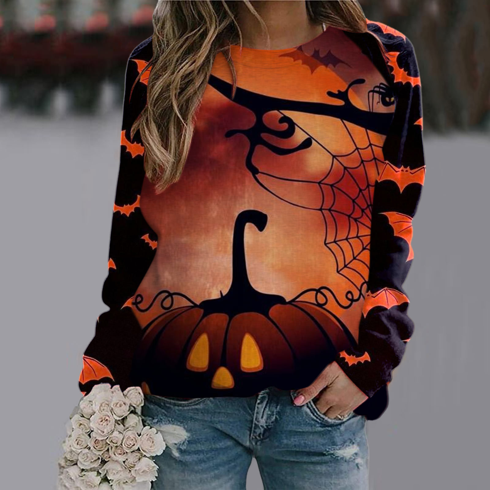 Halloween T Shirt Women Fashion T-shirt Long Sleeve Tops Tees Halloween Tshirt Women's Clothing Horror Tshirt Pumpkin