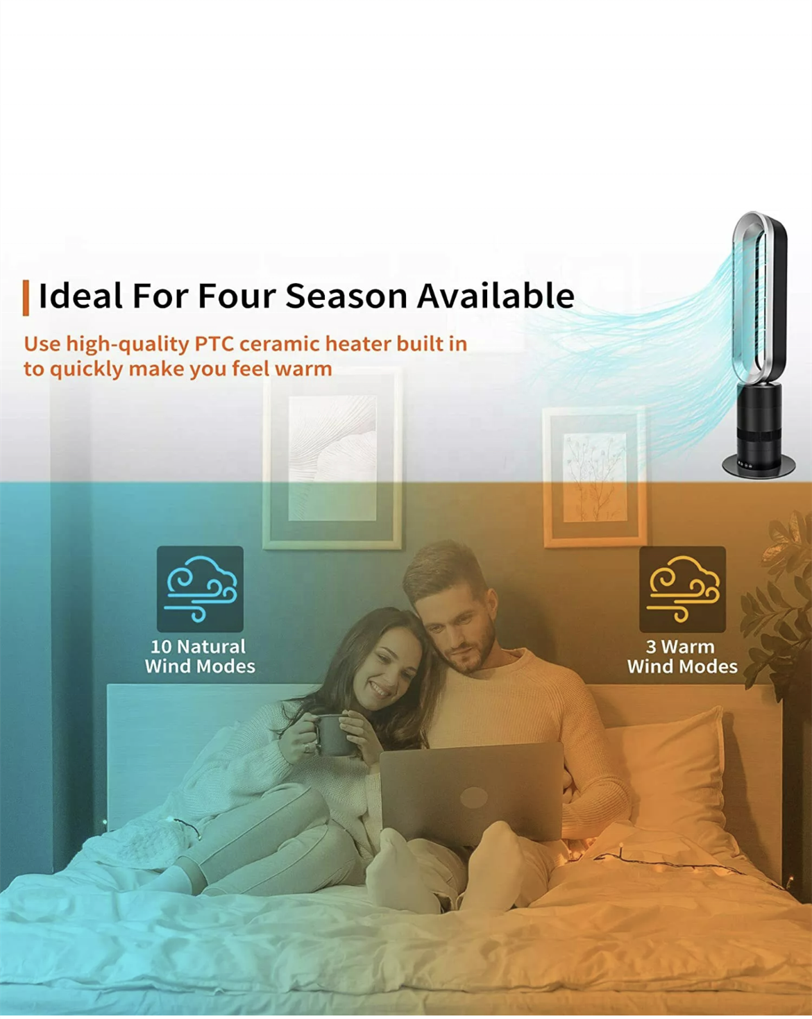 2022 Home Appliance Bedroom Space Fan Heater Ptc Ceramic Heat &amp; Fan Tower Bladeless Fan Air Warmer 