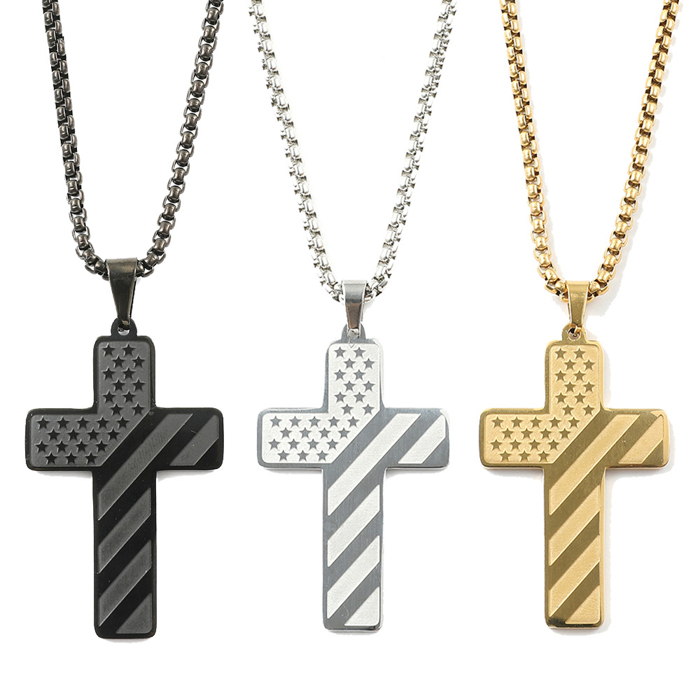 Fashion Jewelry Cross Necklace Bible Verse Stainless Steel American Flag Pendant Chain For Boys Men 