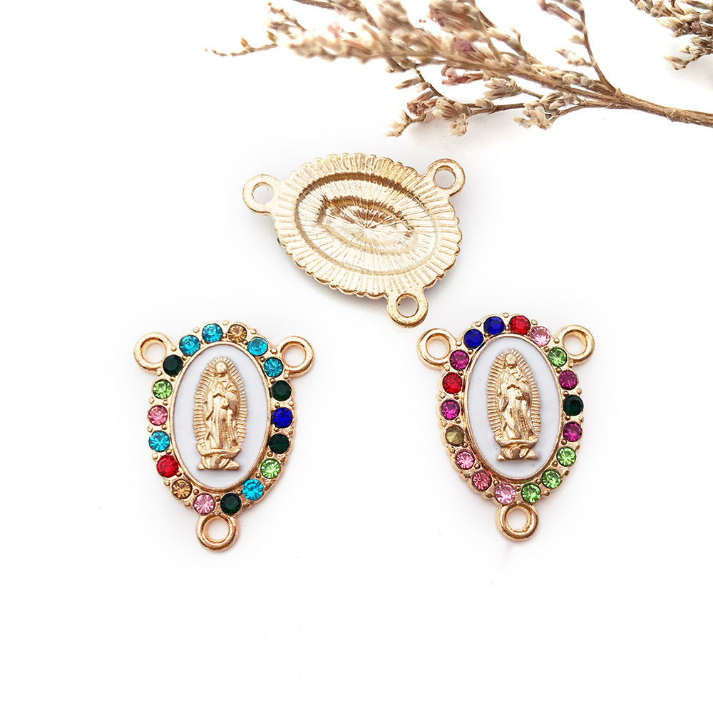 Inlay Rhinestones Our Lady Link Miraculous Medal Charms Alloy Enamel Virgin Mary Charms For Diy Necklace Earrings Jewelry Making 
