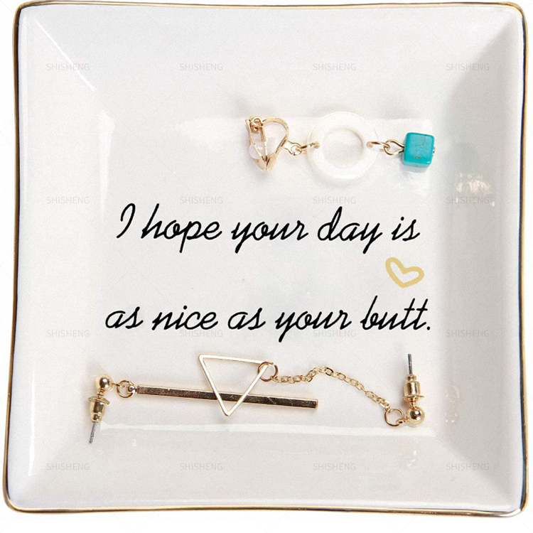 Shi Sheng Factory Direct Trinket Dish Square Ceramic Ring Dish With Golden Trim Jewelry Dish Gifts For Mother's Day 