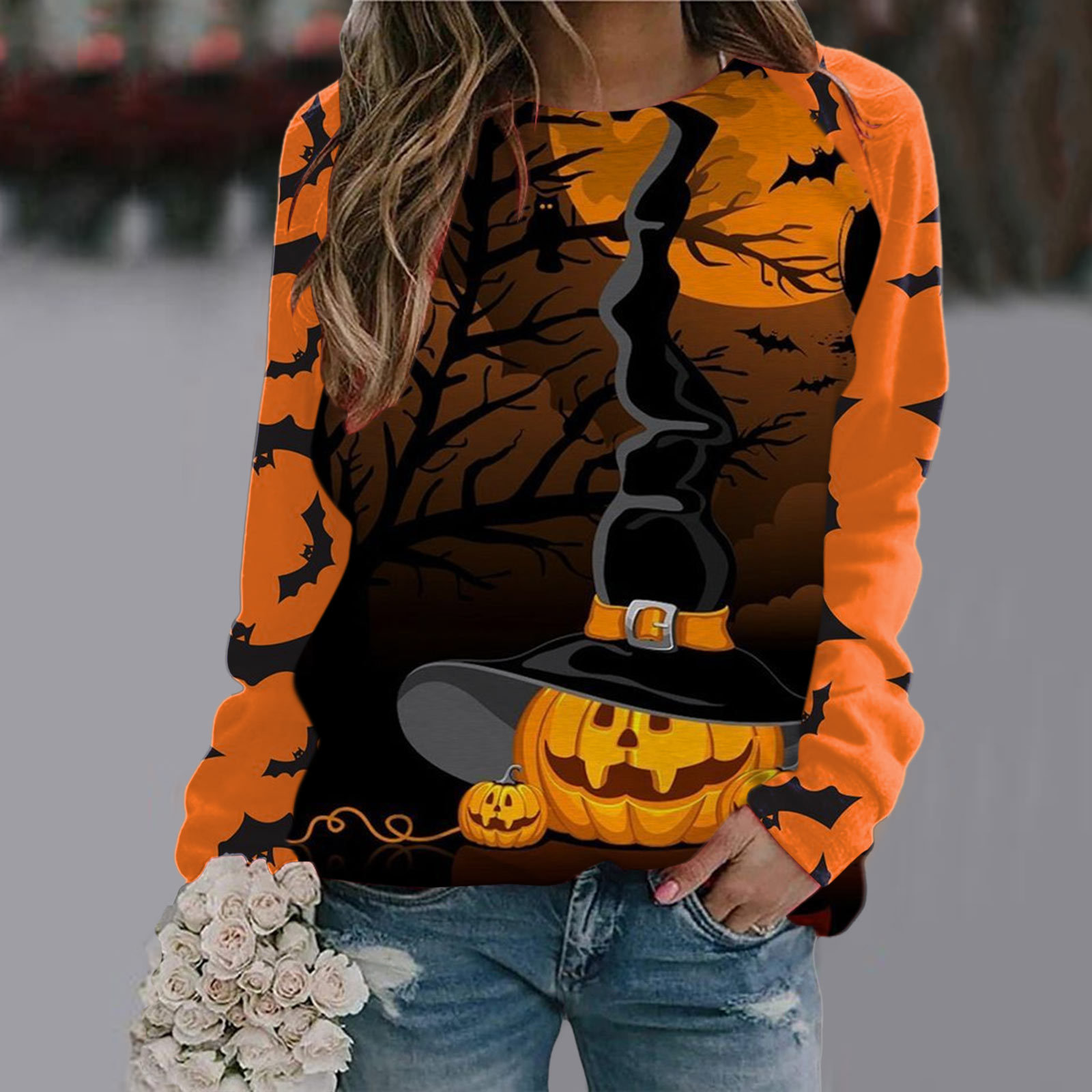 Halloween T Shirt Women Fashion T-shirt Long Sleeve Tops Tees Halloween Tshirt Women's Clothing Horror Tshirt Pumpkin