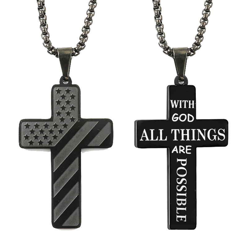 Fashion Jewelry Cross Necklace Bible Verse Stainless Steel American Flag Pendant Chain For Boys Men 