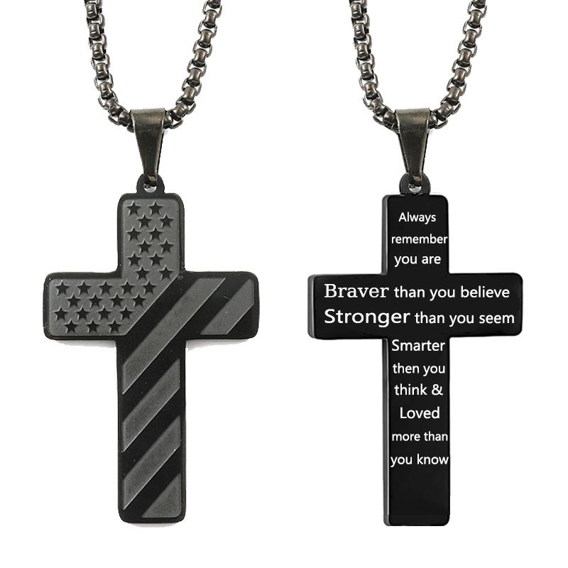 Fashion Jewelry Cross Necklace Bible Verse Stainless Steel American Flag Pendant Chain For Boys Men 