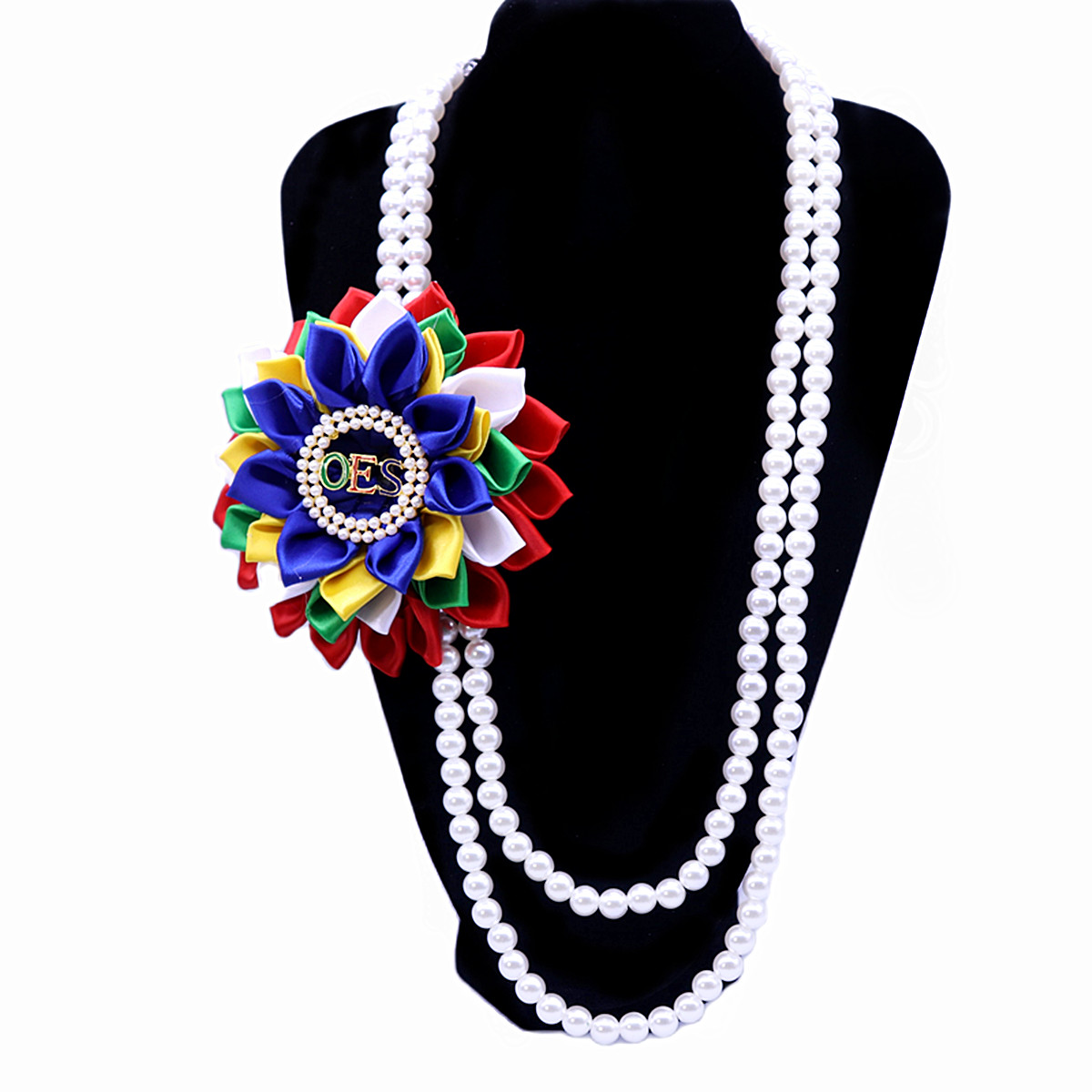 Women Service Organization Crafts Flower Pearl Jewelry Colorful Satin Petals And Enameled Letter Oes Sorority Necklace 