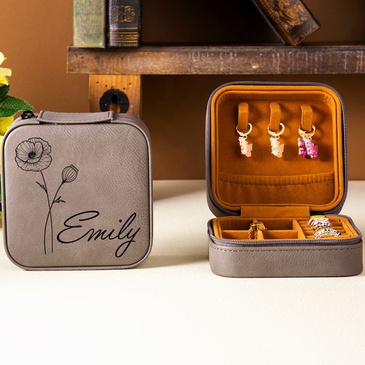 Custom Zipper Organizer Case Velvet Storage Box Waterproof Faux Leather Engraved Logo Luxury Jewelry Packaging Box With Logo 