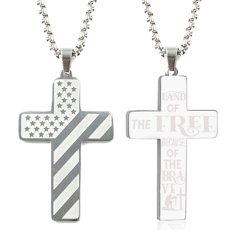 Fashion Jewelry Cross Necklace Bible Verse Stainless Steel American Flag Pendant Chain For Boys Men 
