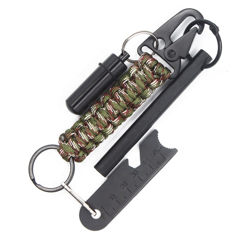 Edc Outdoor Survival Paracord Keychain Kit With Fire Starter Rod Waterproof Capsule Tinder 