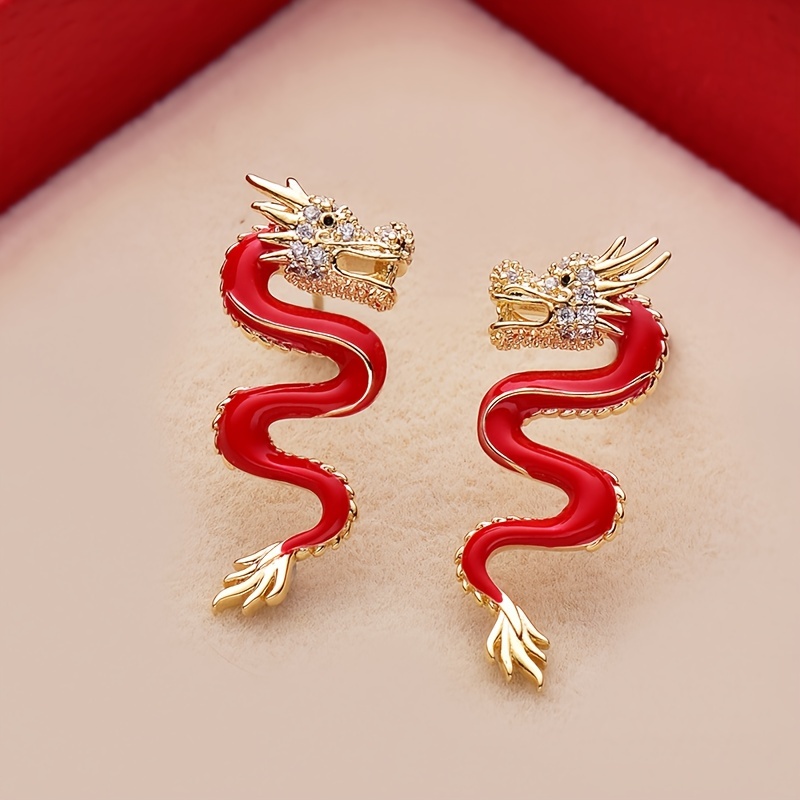 2024 Chinese Products Unique Red Dragon Design Stud Copper Jewelry Embellished Rhinestones Elegant Punk New Year Gift Earrings 