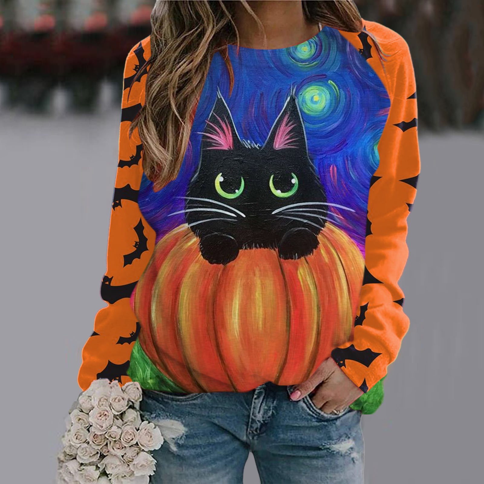Halloween T Shirt Women Fashion T-shirt Long Sleeve Tops Tees Halloween Tshirt Women's Clothing Horror Tshirt Pumpkin