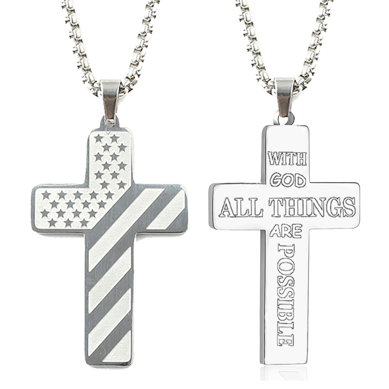Fashion Jewelry Cross Necklace Bible Verse Stainless Steel American Flag Pendant Chain For Boys Men 