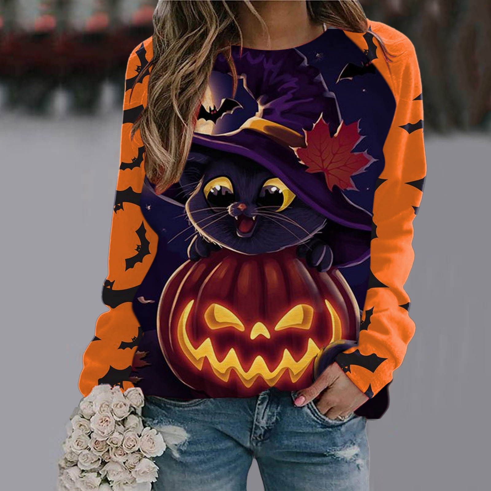 Halloween T Shirt Women Fashion T-shirt Long Sleeve Tops Tees Halloween Tshirt Women's Clothing Horror Tshirt Pumpkin