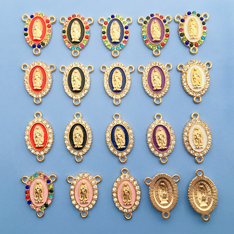 Inlay Rhinestones Our Lady Link Miraculous Medal Charms Alloy Enamel Virgin Mary Charms For Diy Necklace Earrings Jewelry Making 